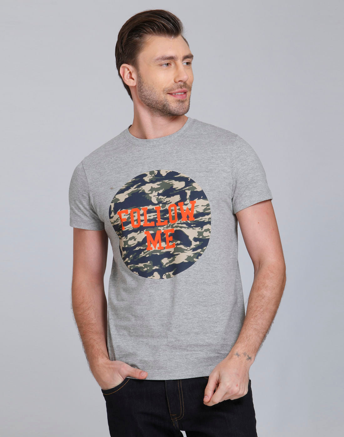Light Grey And Camo Print Crew Neck T-Shirt - S
