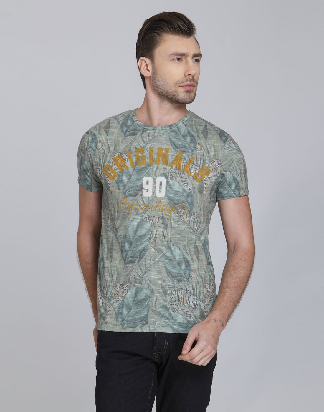 Green Leaf Print Crew Neck T-Shirt - S