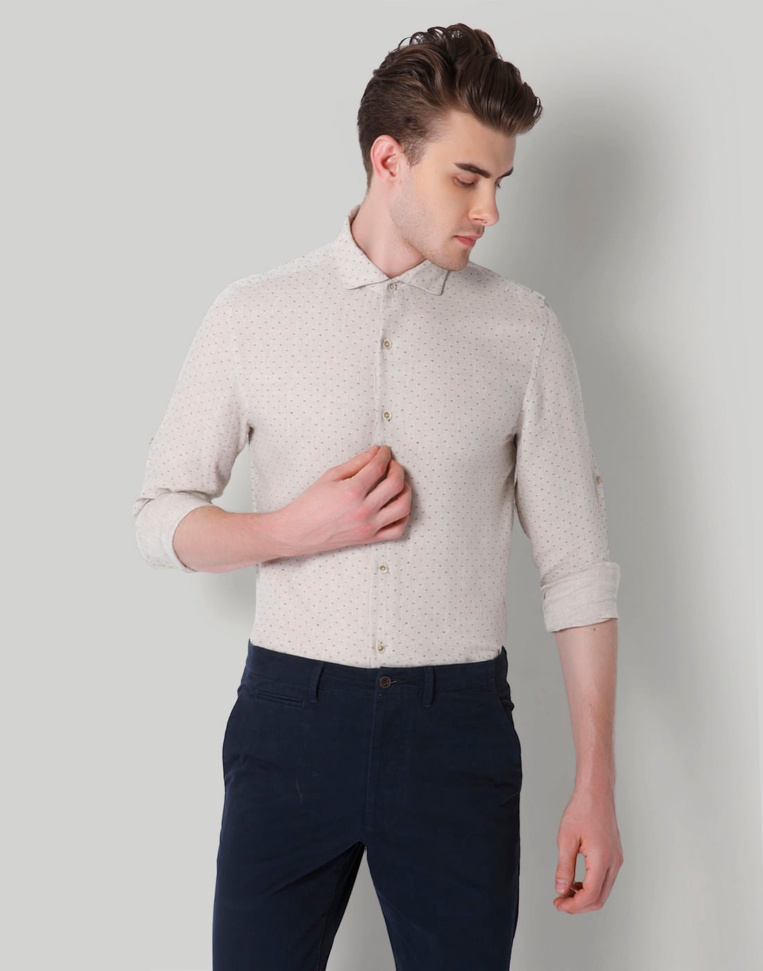 Beige Self Print Slim Fit Shirt - S