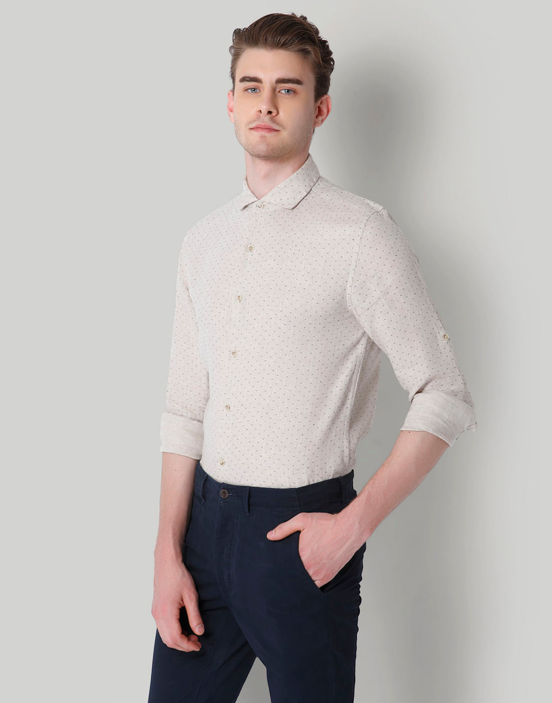 Beige Self Print Slim Fit Shirt