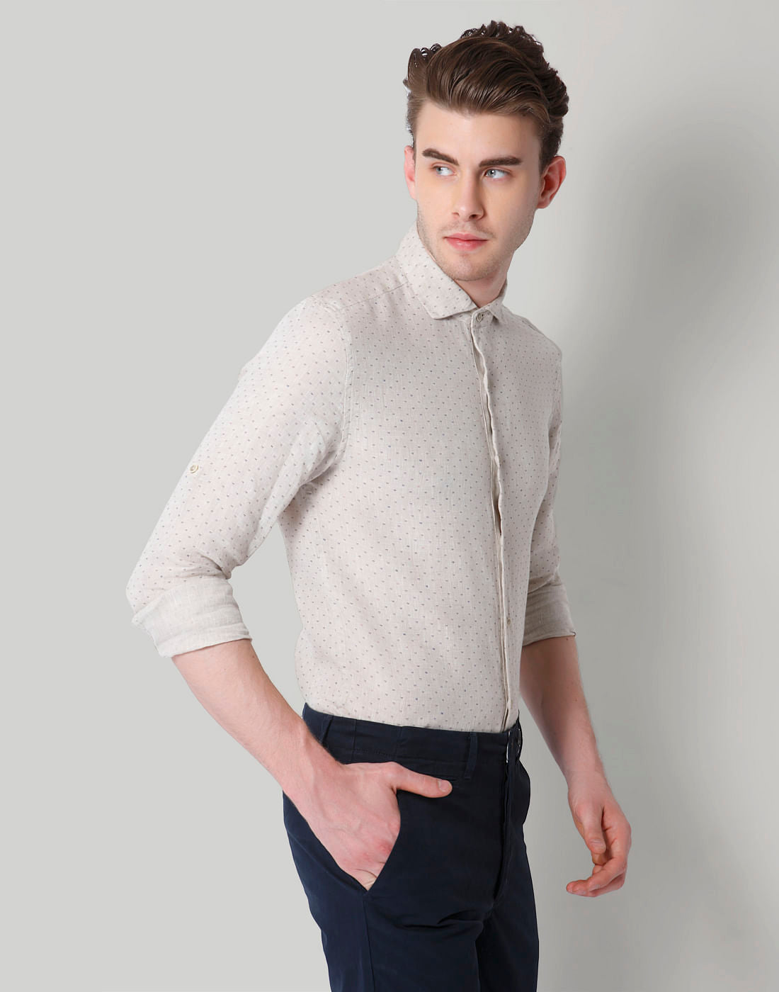 Beige Self Print Slim Fit Shirt