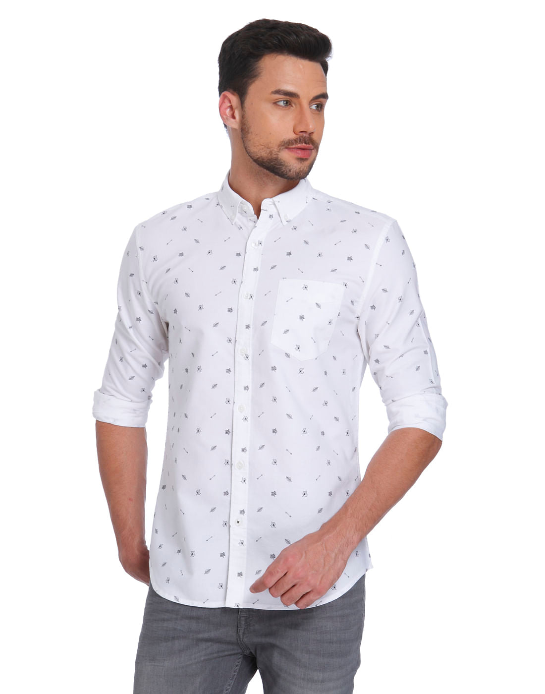 White Leaf Print Regular Fit Shirt - S