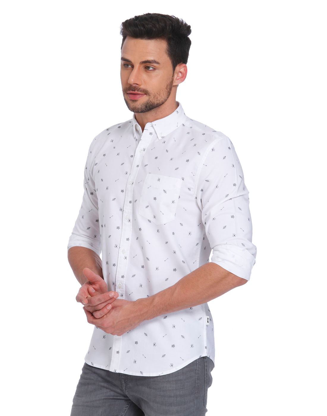 White Leaf Print Regular Fit Shirt