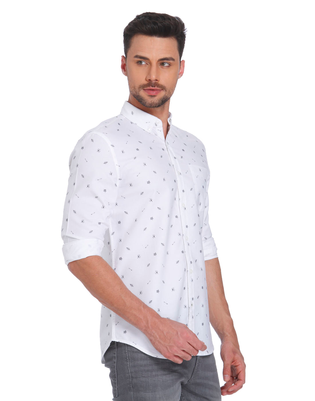 White Leaf Print Regular Fit Shirt