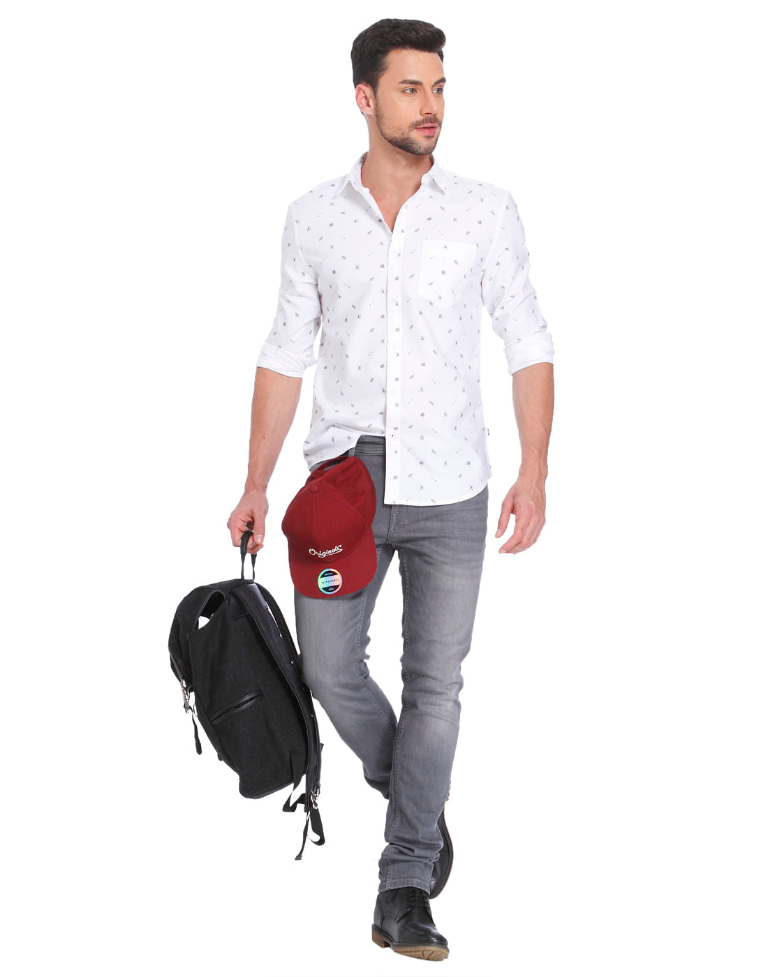 White Leaf Print Regular Fit Shirt