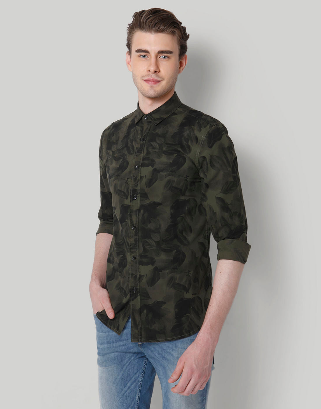 Green Leaf Print Slim Fit Shirt - S