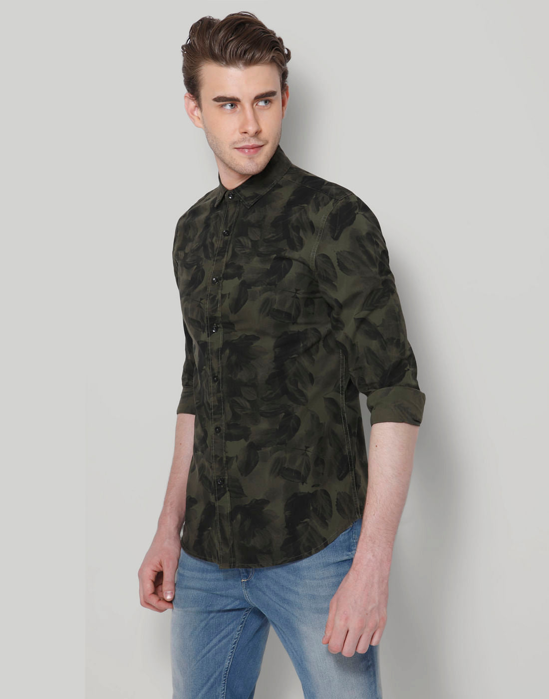 Green Leaf Print Slim Fit Shirt