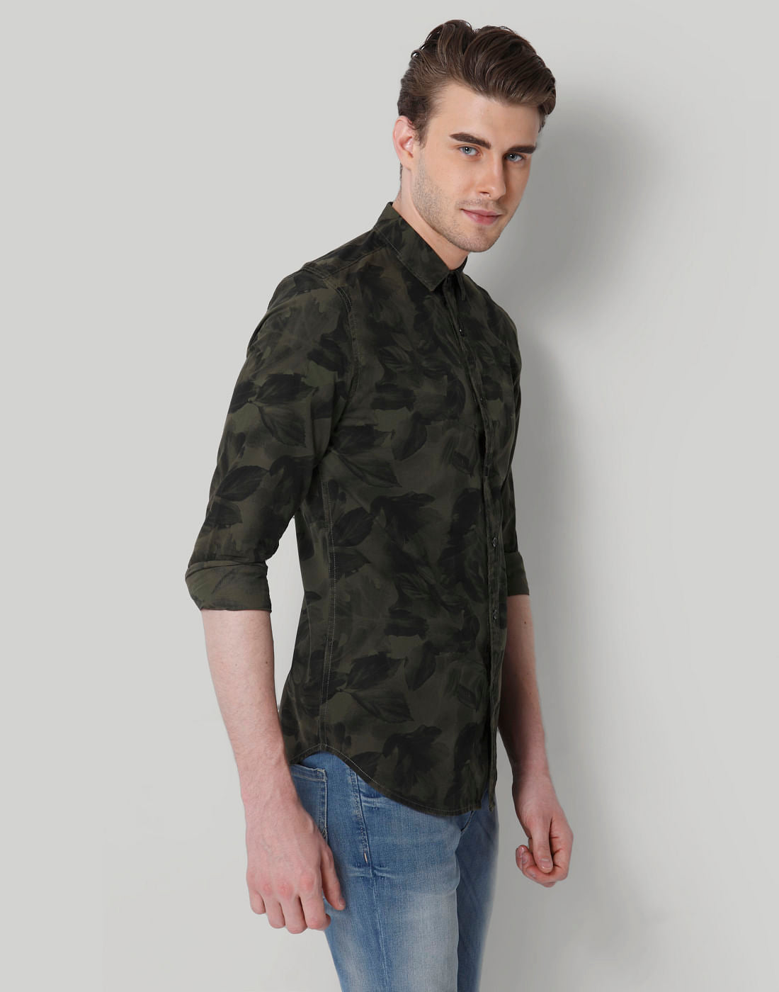 Green Leaf Print Slim Fit Shirt