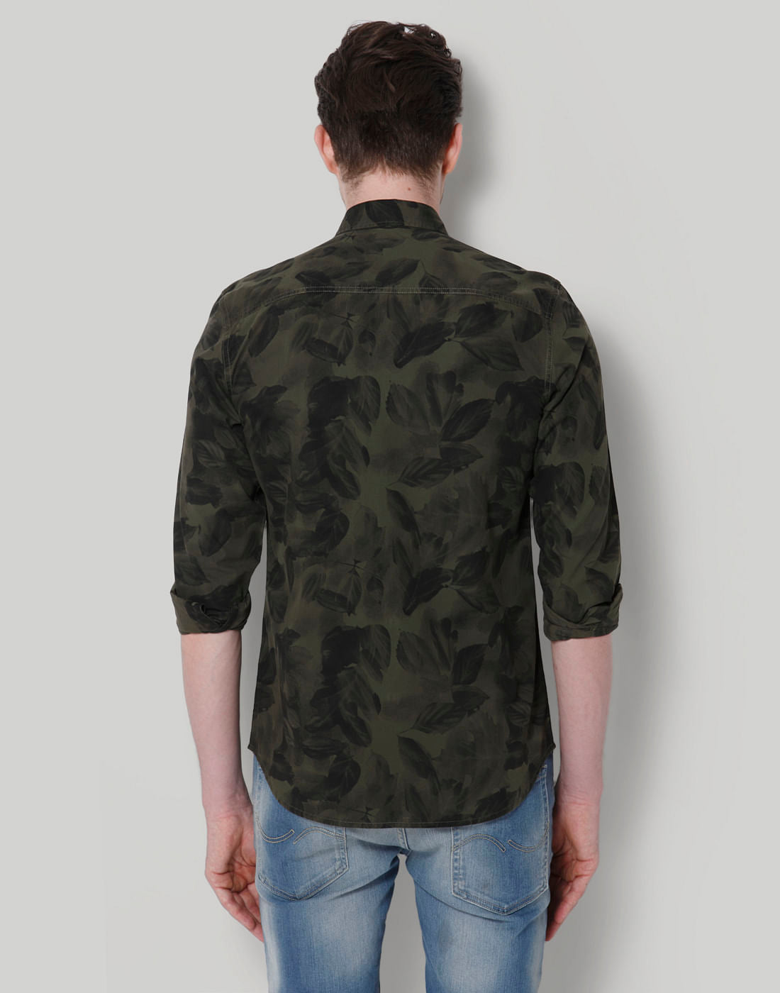 Green Leaf Print Slim Fit Shirt