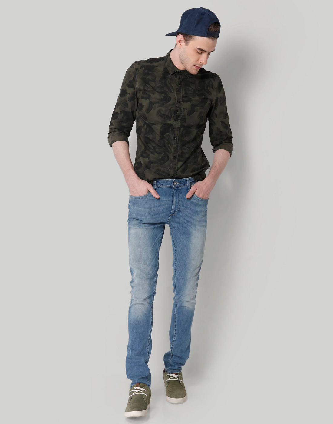 Green Leaf Print Slim Fit Shirt