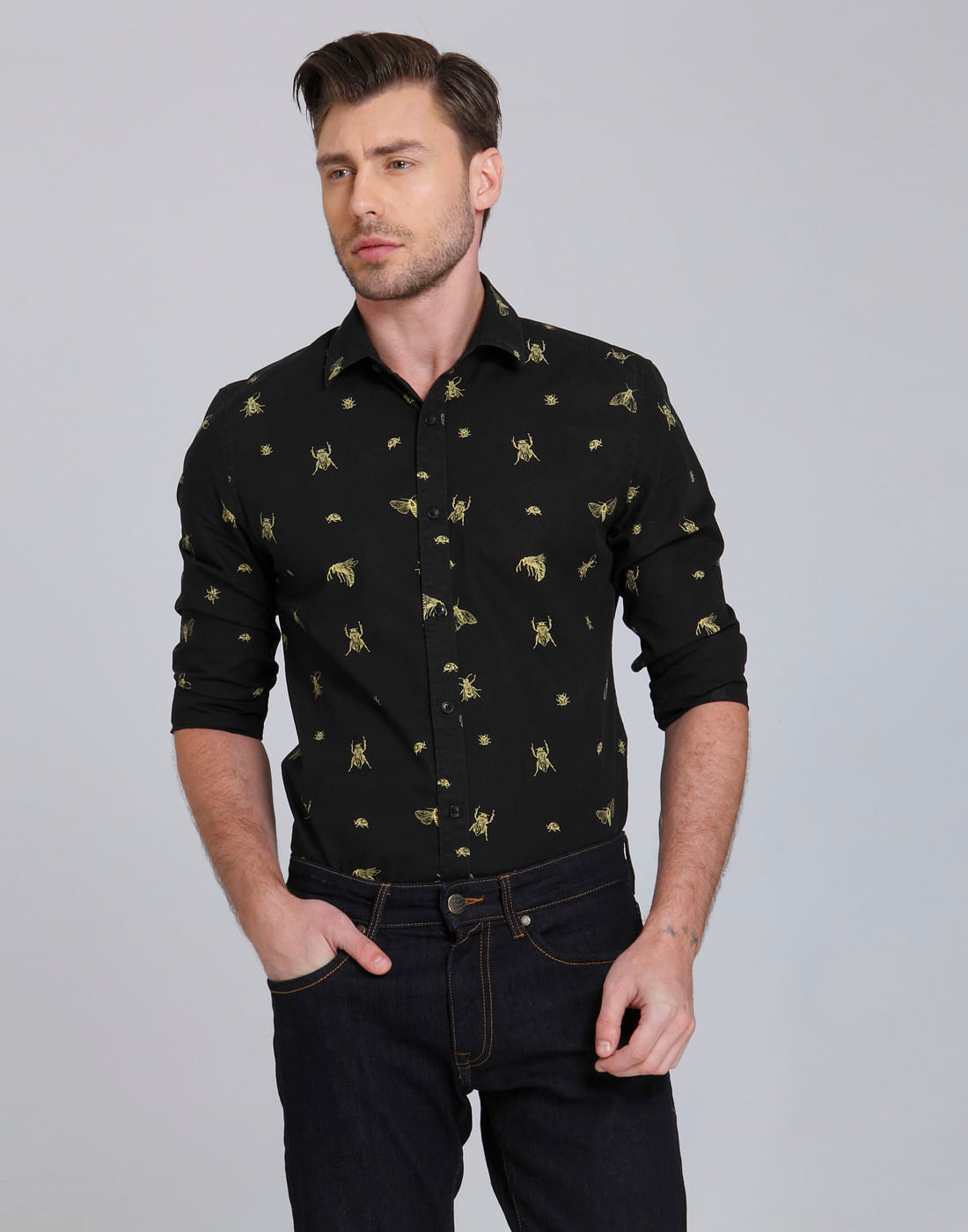 Green Beetle Print Slim Fit Shirt - S