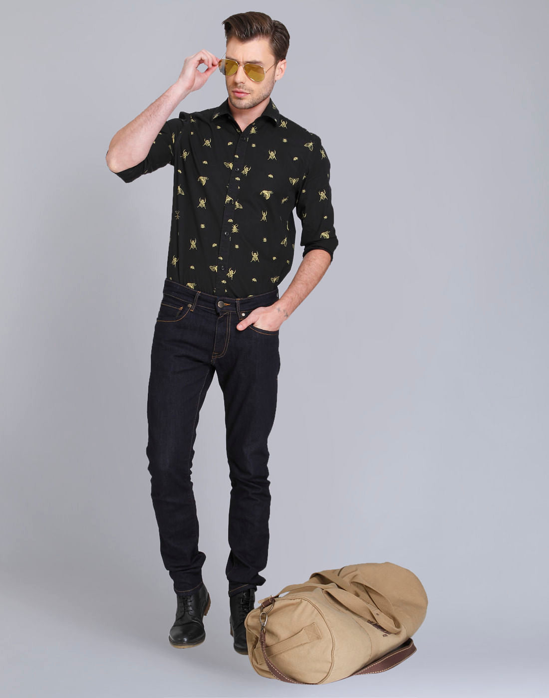 Green Beetle Print Slim Fit Shirt