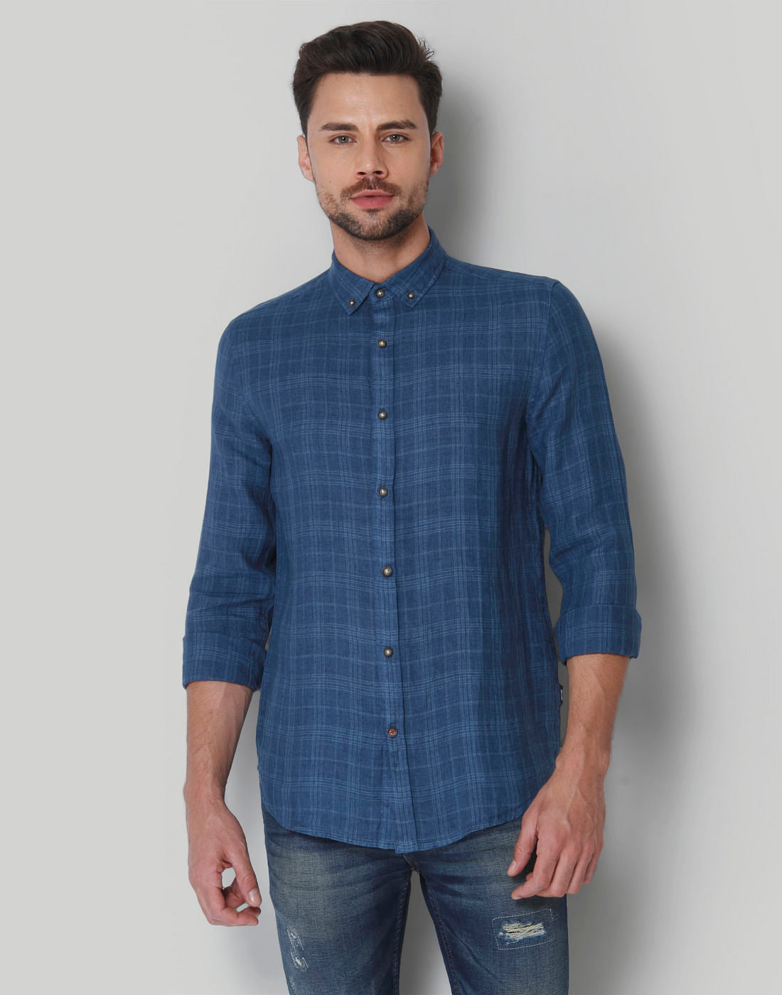 Blue Check Linen Shirt - S