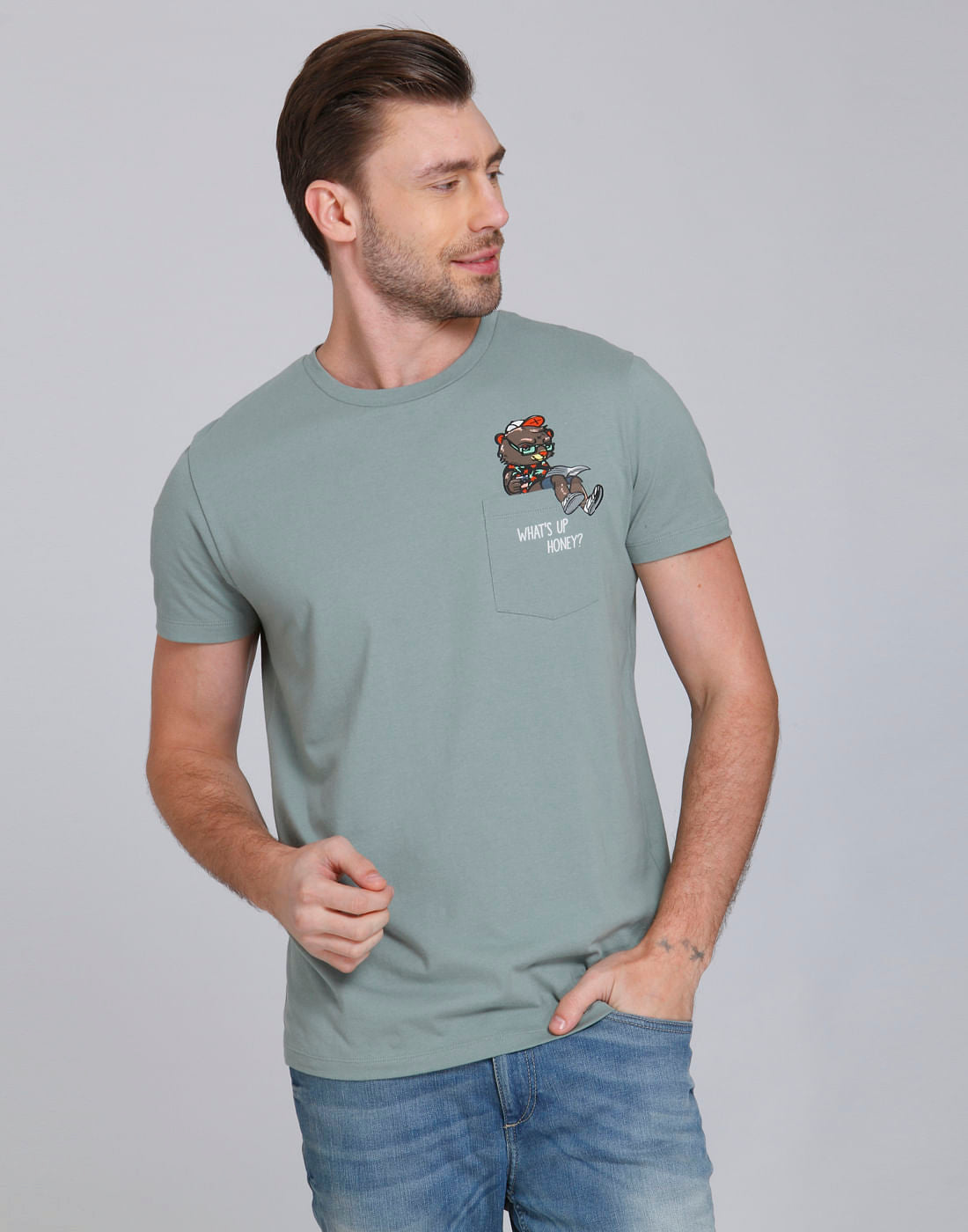 Green Bear Print Crew Neck T-Shirt - S