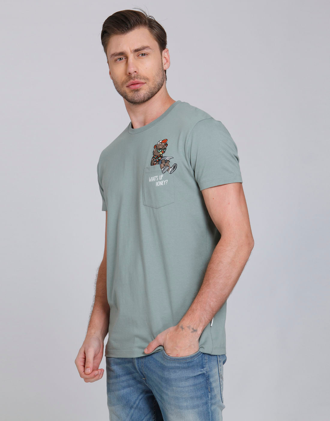 Green Bear Print Crew Neck T-Shirt