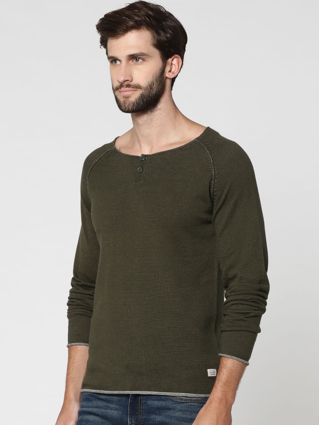 Olive Green Henley Sweatshirt - S