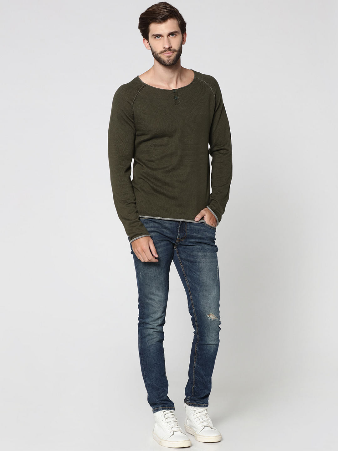 Olive Green Henley Sweatshirt