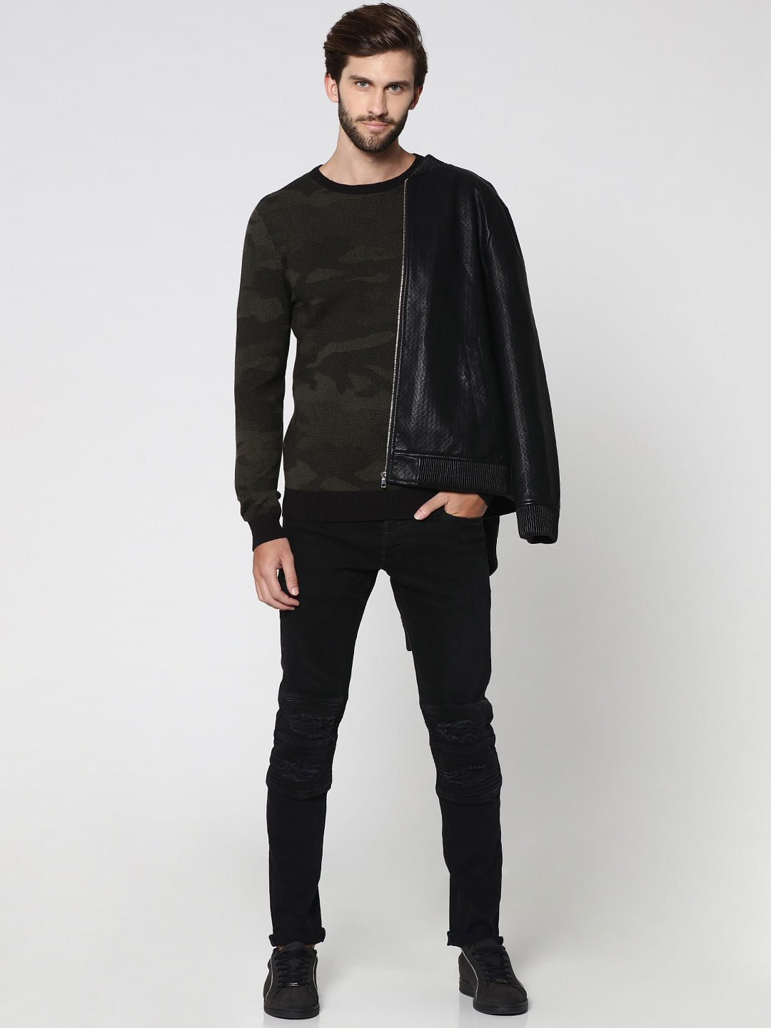 Black Camo Print Crew Neck Pullover