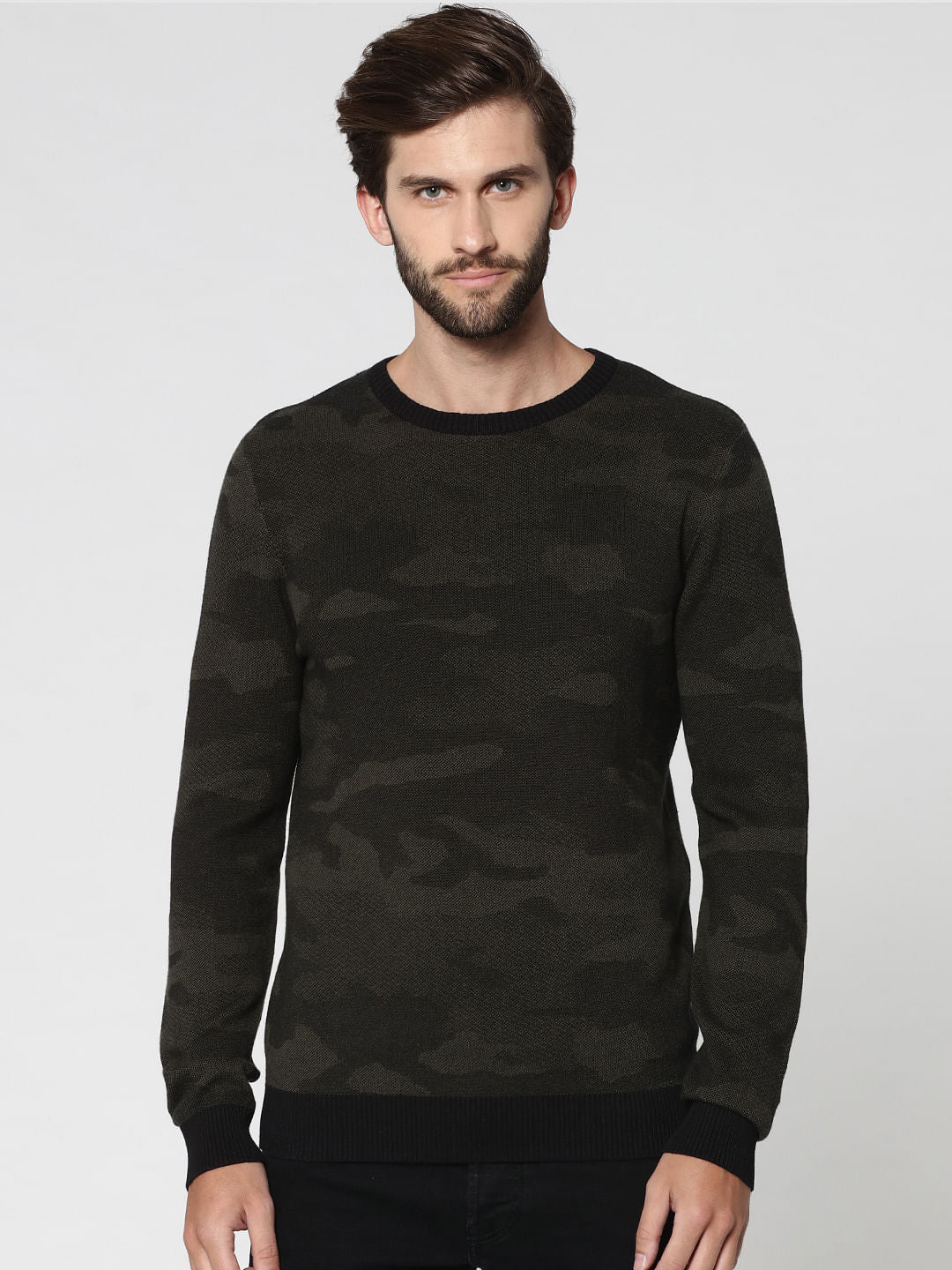 Black Camo Print Crew Neck Pullover - S