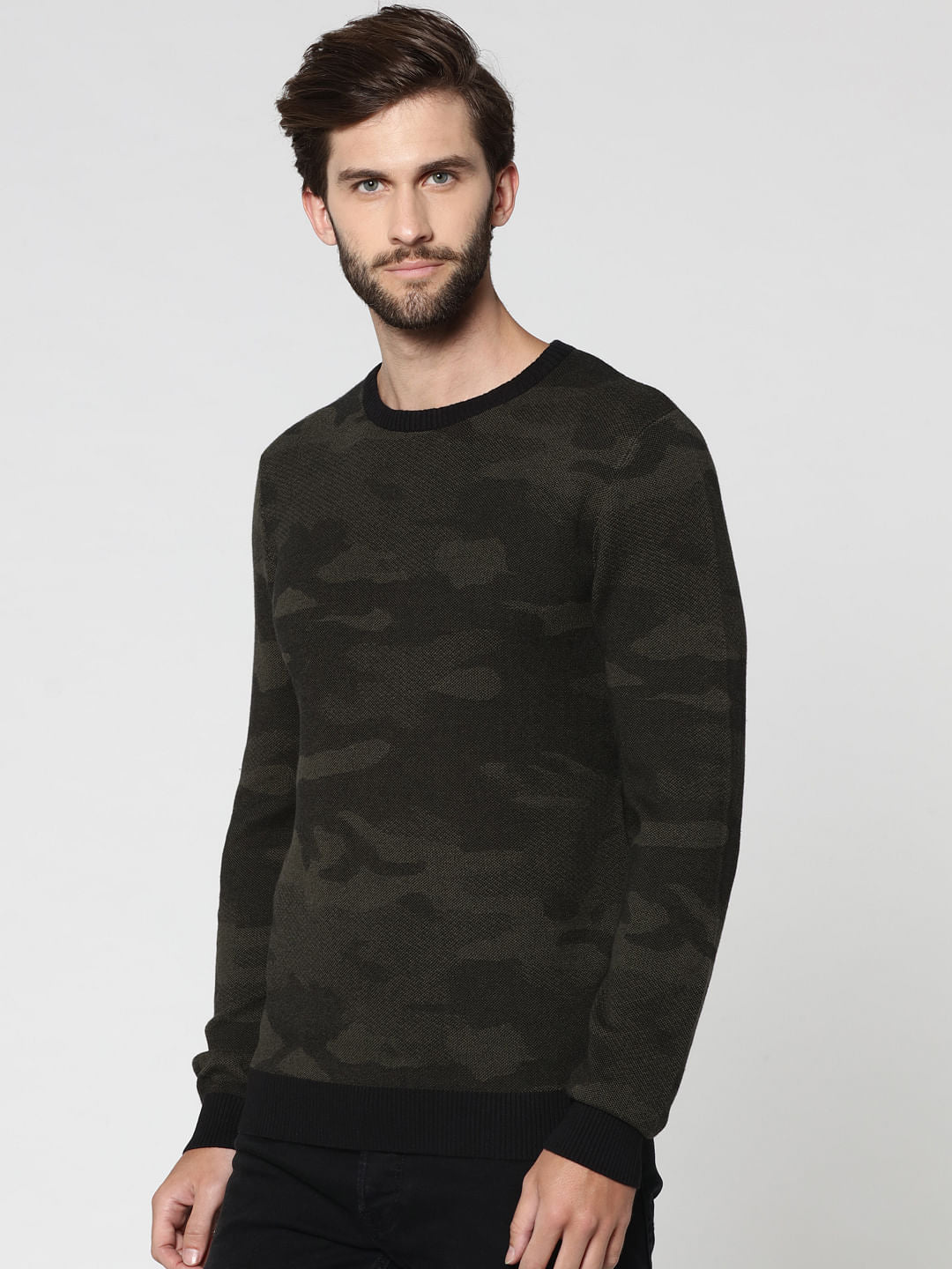 Black Camo Print Crew Neck Pullover