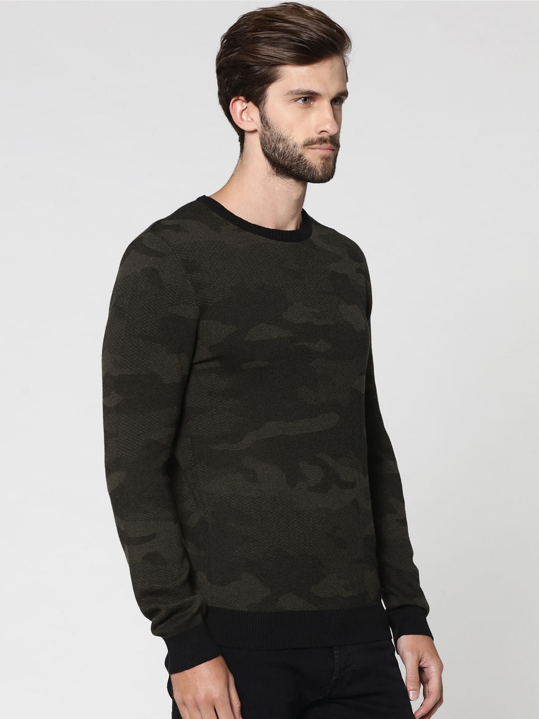 Black Camo Print Crew Neck Pullover