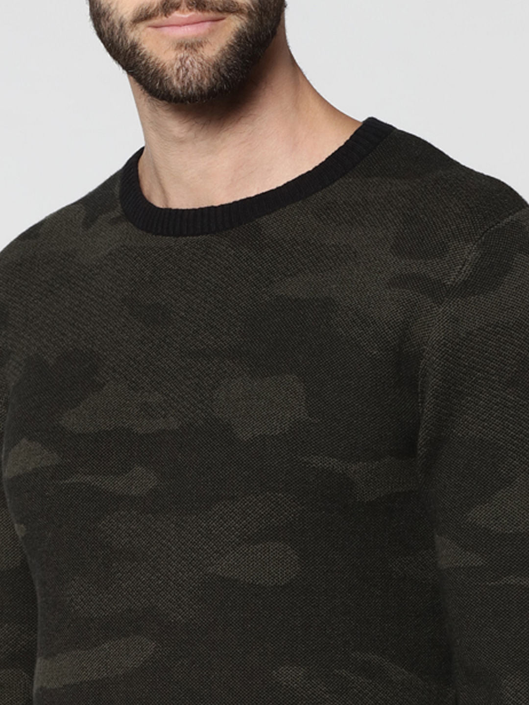 Black Camo Print Crew Neck Pullover