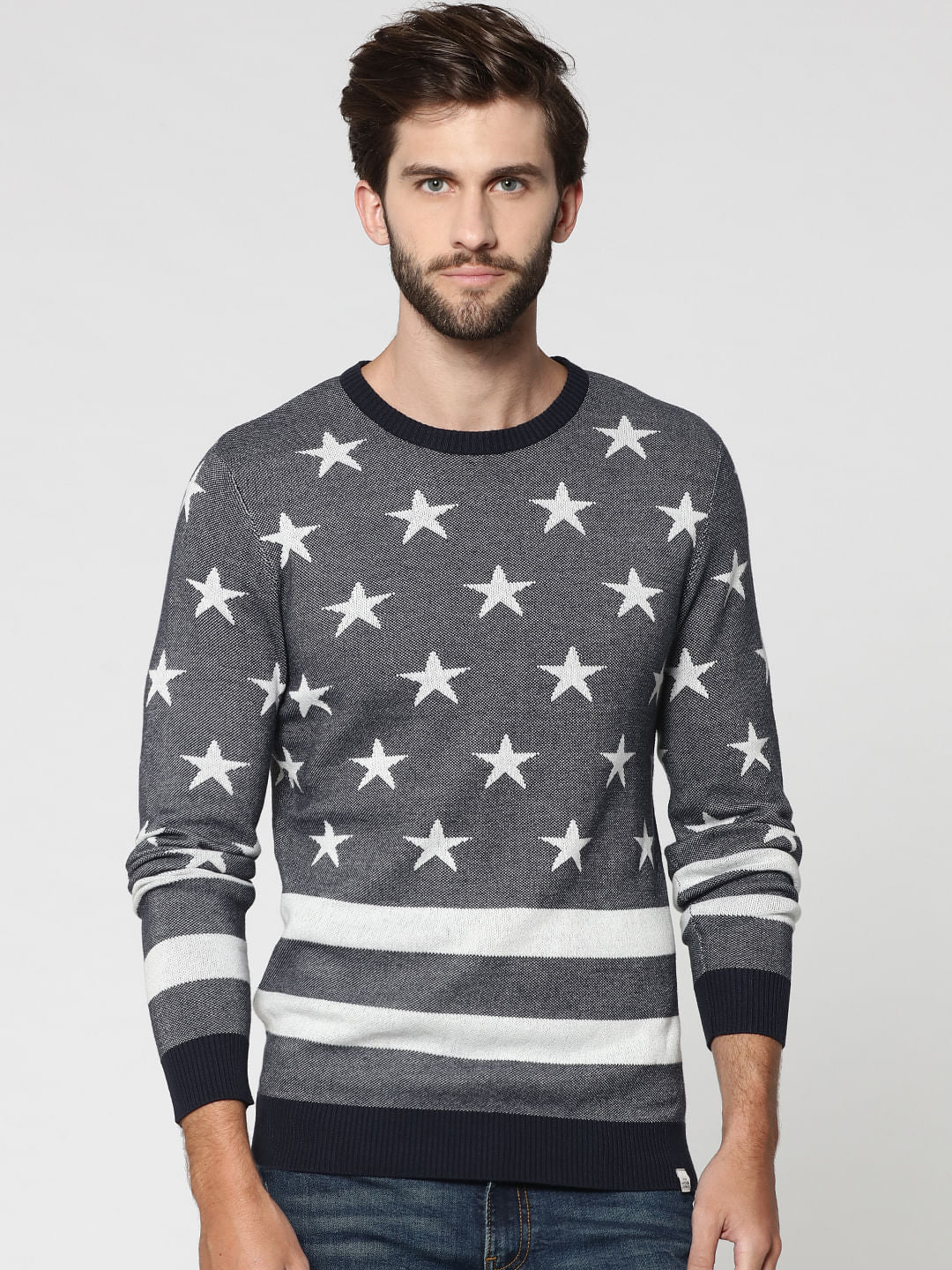 Dark Grey Star Print & Striped Sweatshirt - S