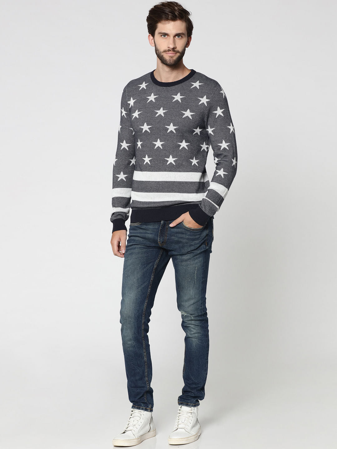Dark Grey Star Print & Striped Sweatshirt