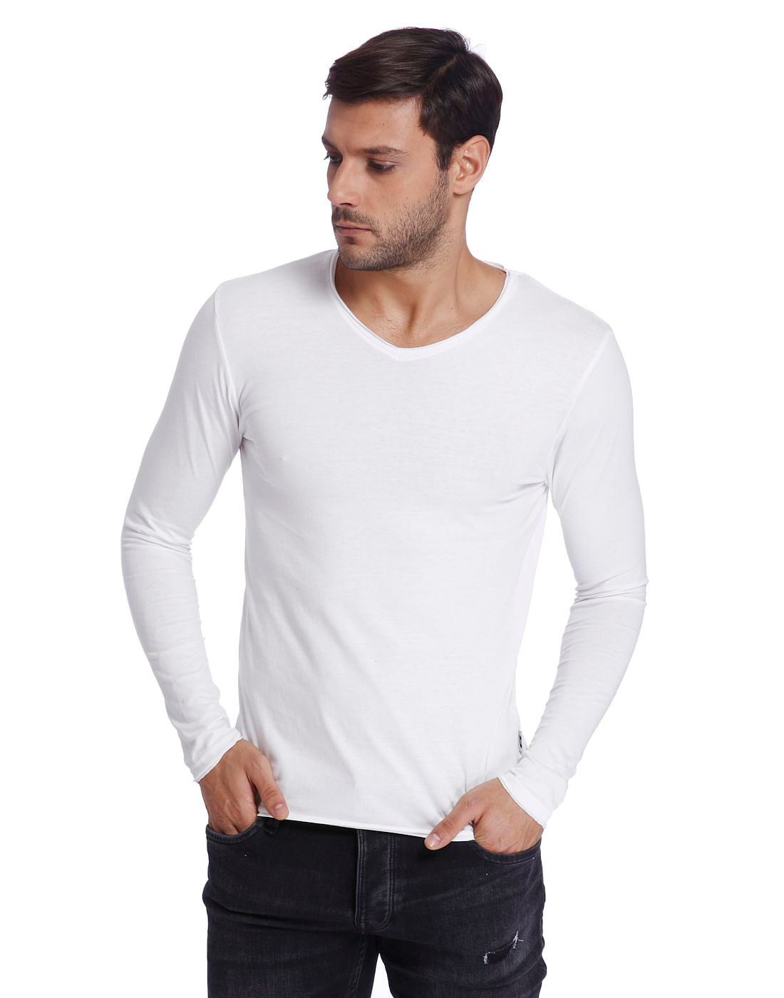 White V-Neck T-Shirt - S