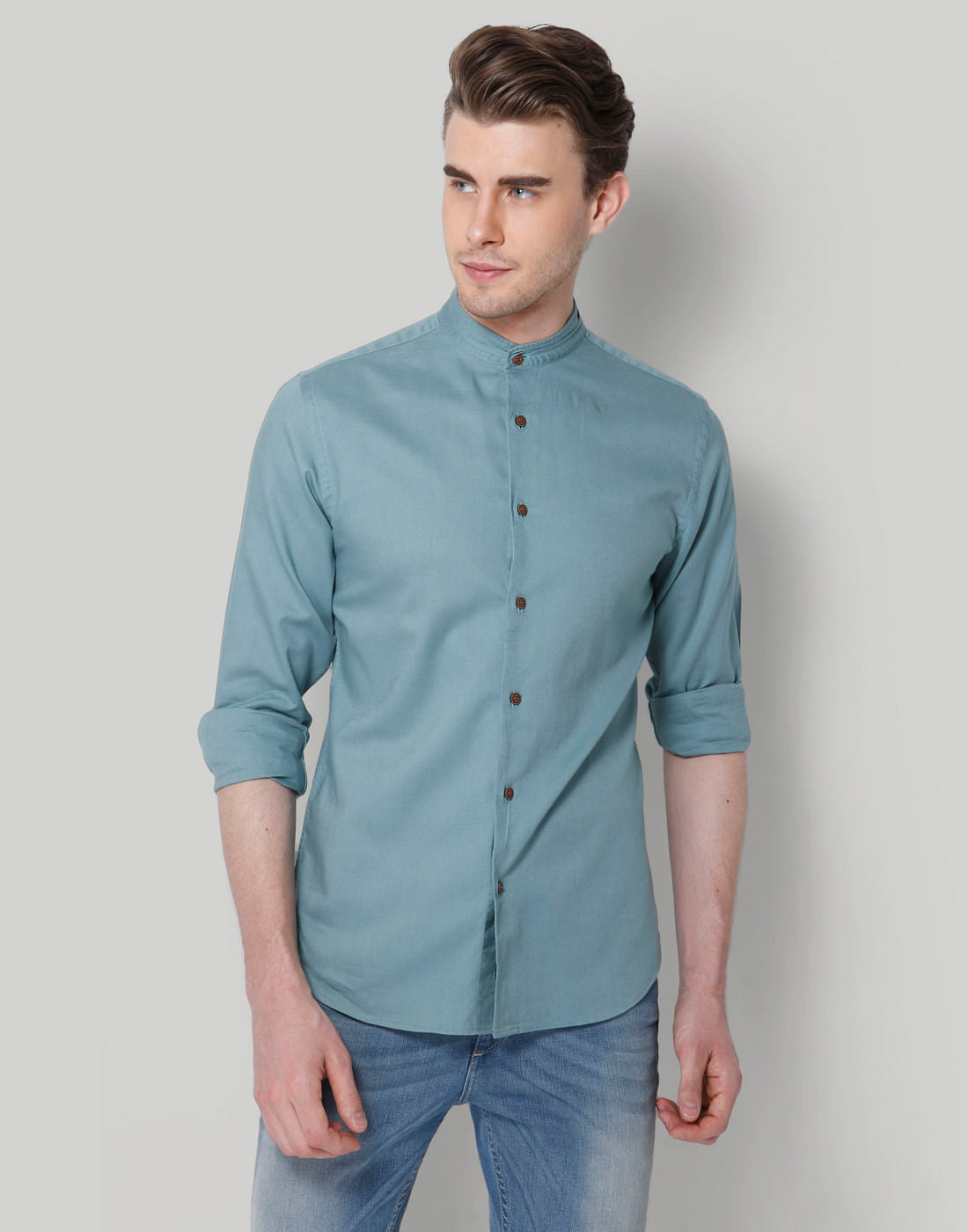 Turquoise Blue Mandarin Collar Slim Fit Shirt - S