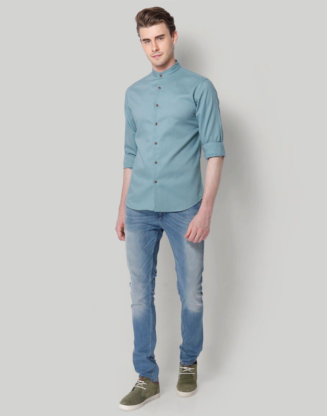 Turquoise Blue Mandarin Collar Slim Fit Shirt