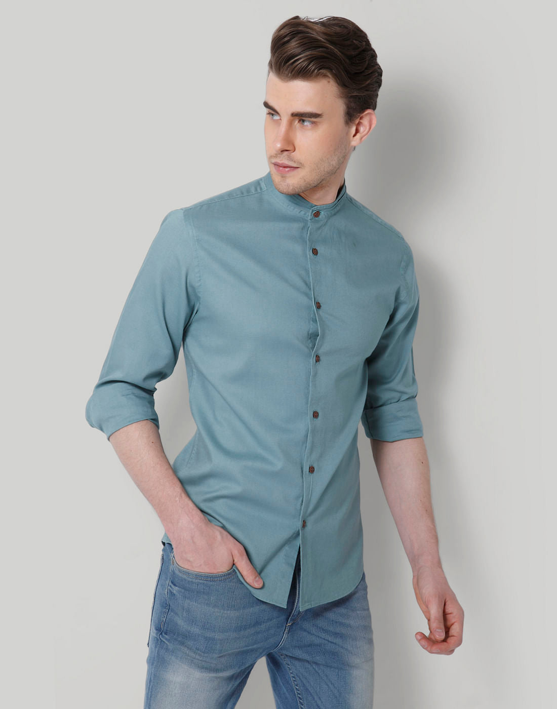Turquoise Blue Mandarin Collar Slim Fit Shirt