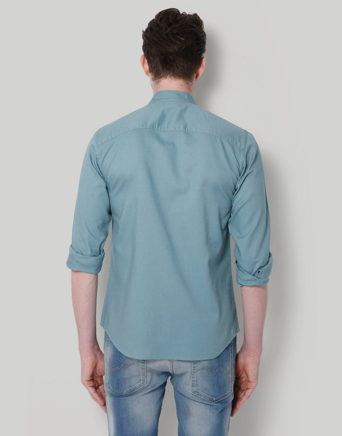 Turquoise Blue Mandarin Collar Slim Fit Shirt