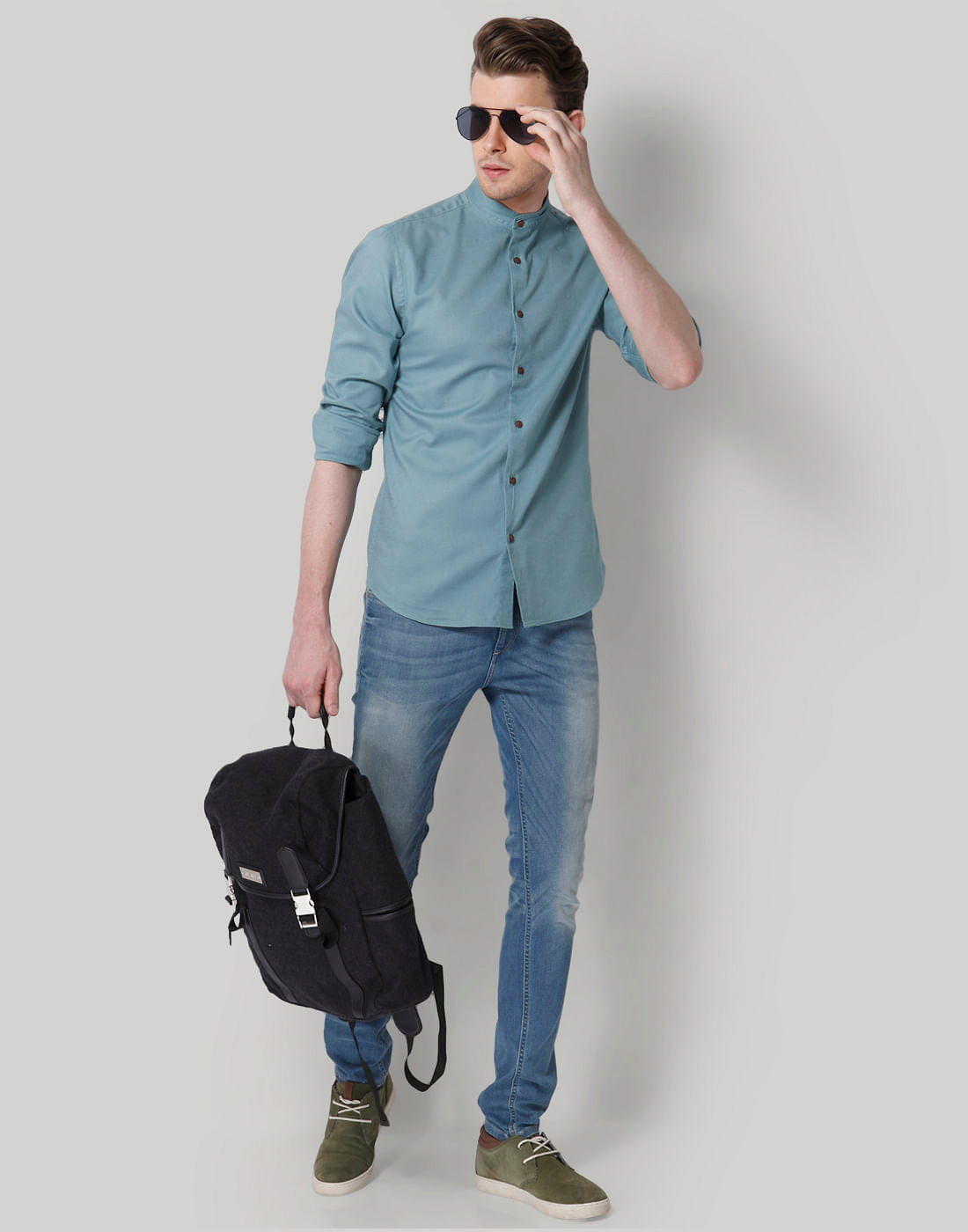 Turquoise Blue Mandarin Collar Slim Fit Shirt