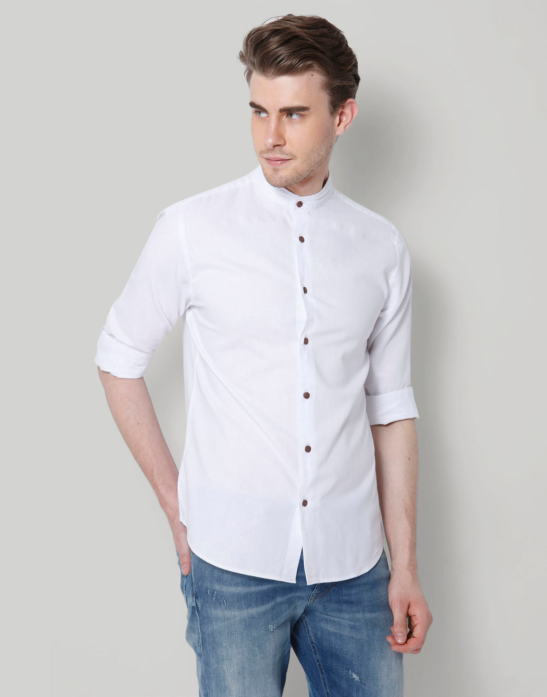 White Mandarin Collar Slim Fit Shirt - S