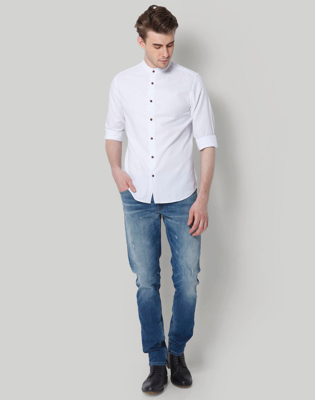 White Mandarin Collar Slim Fit Shirt