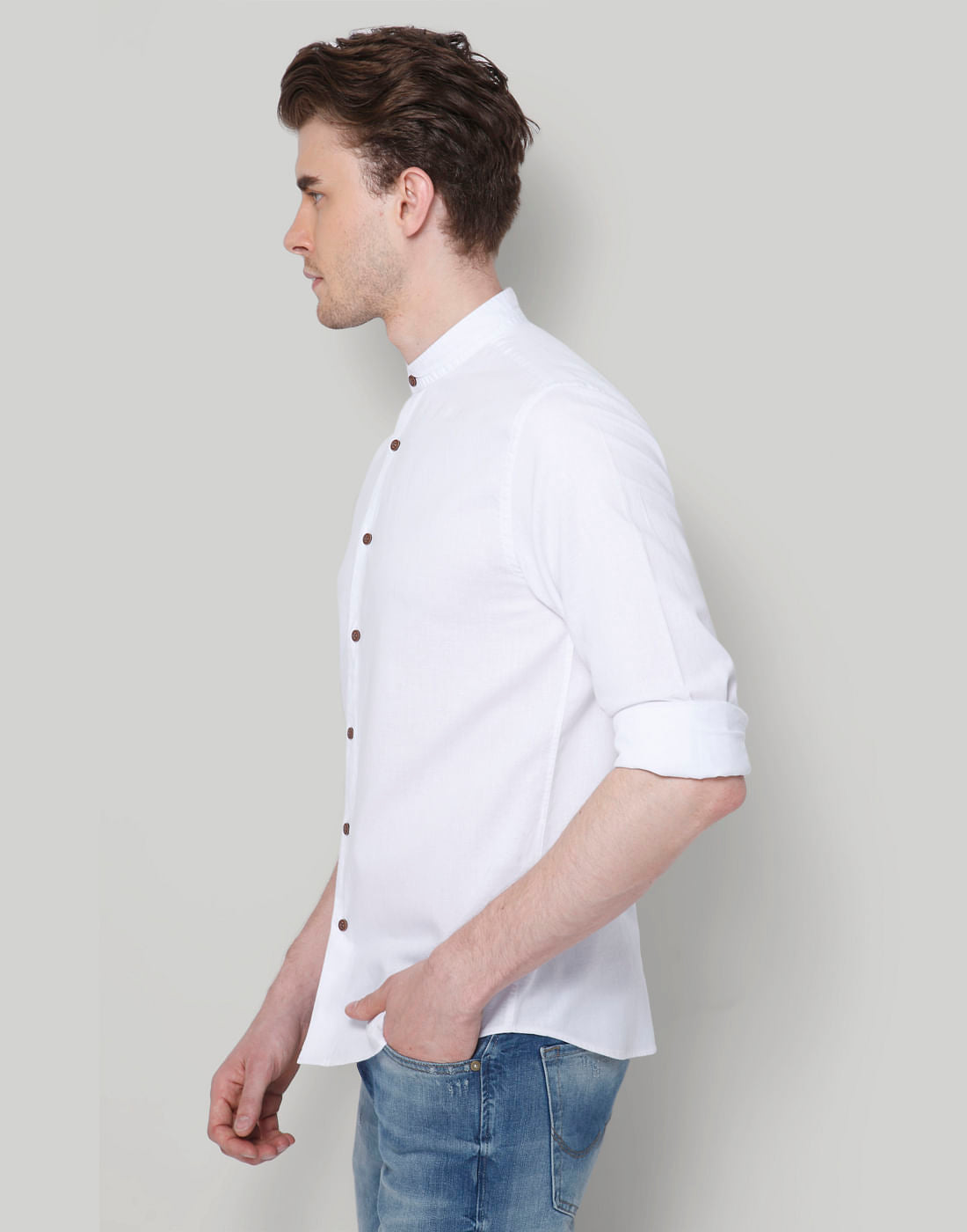 White Mandarin Collar Slim Fit Shirt
