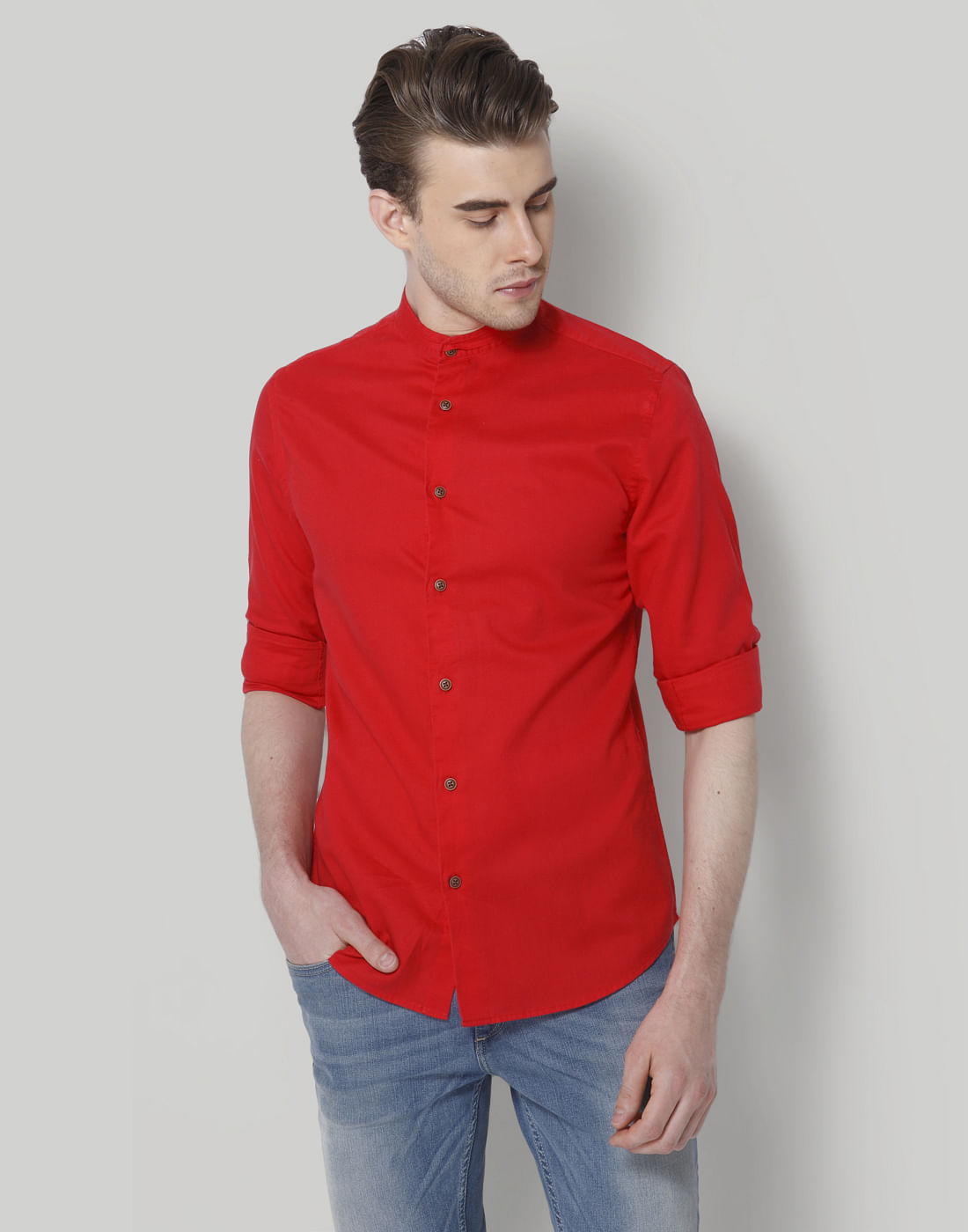Red Mandarin Collar Slim Fit Shirt - S