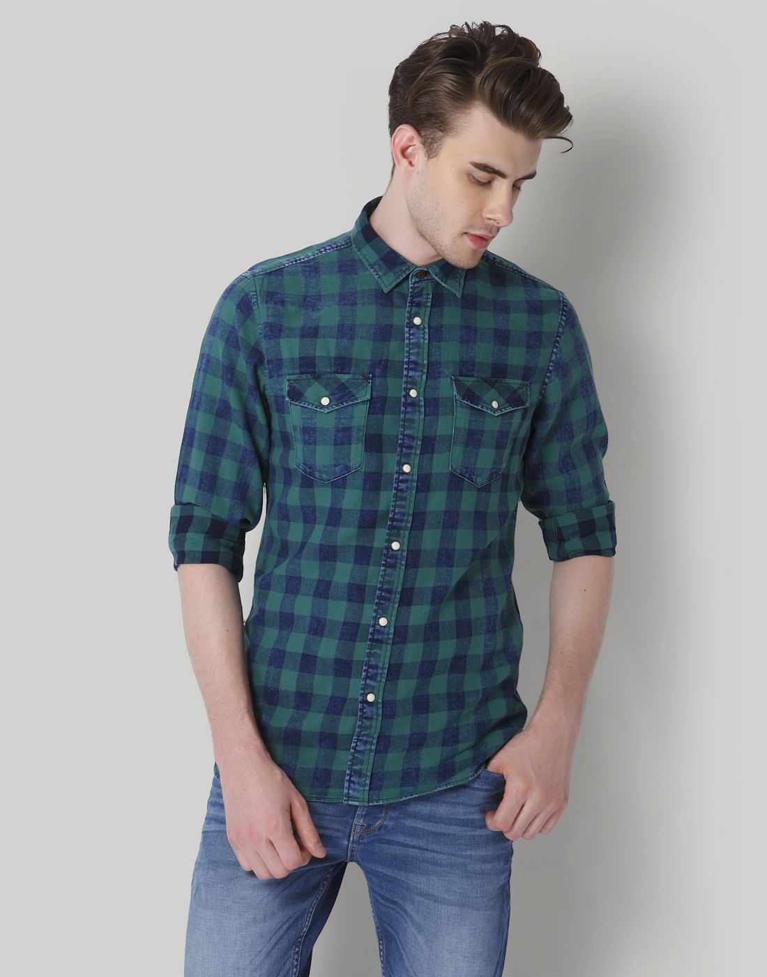 Blue & Green Check Slim Fit Shirt - S