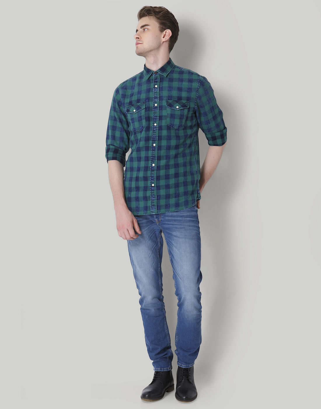 Blue & Green Check Slim Fit Shirt