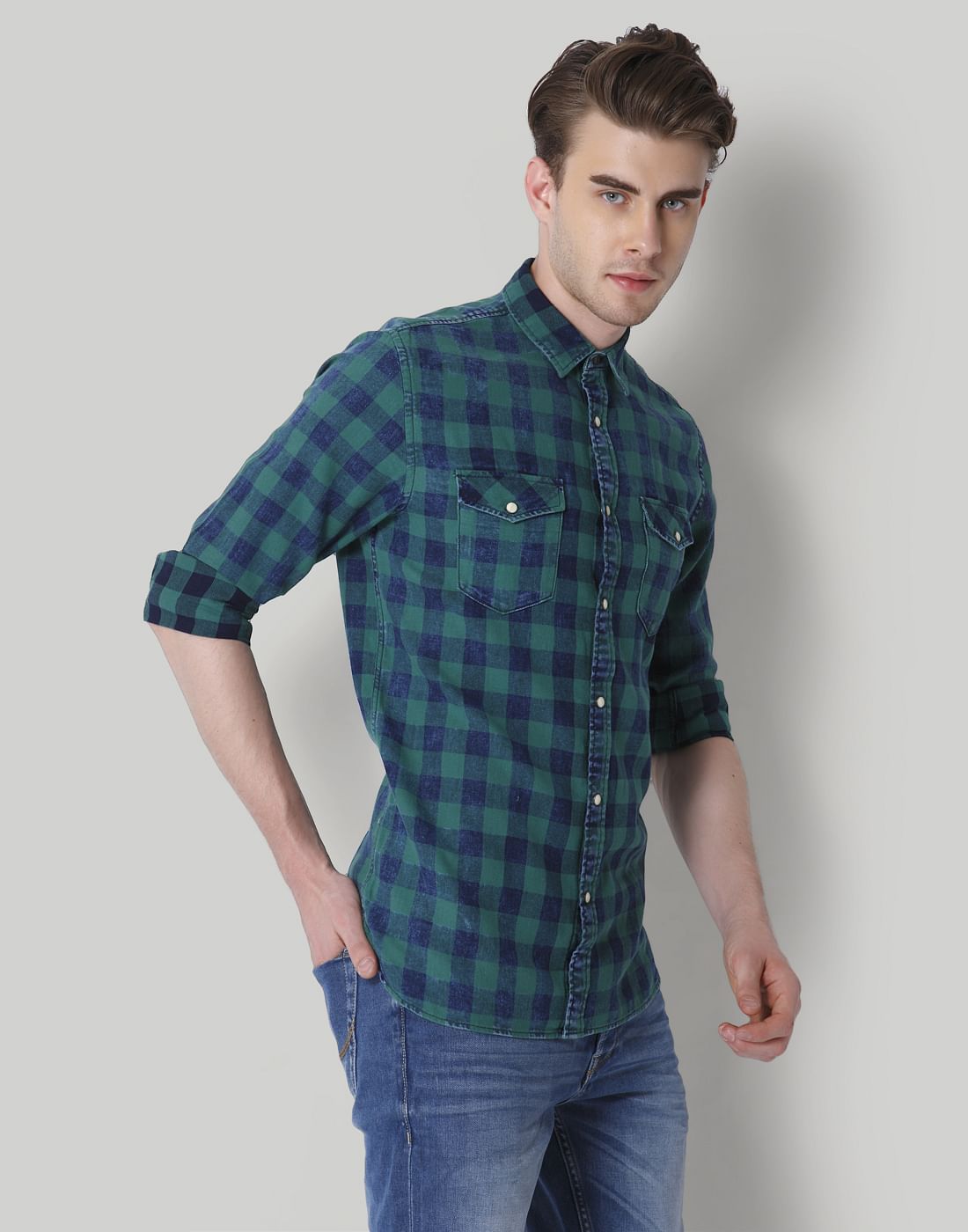 Blue & Green Check Slim Fit Shirt