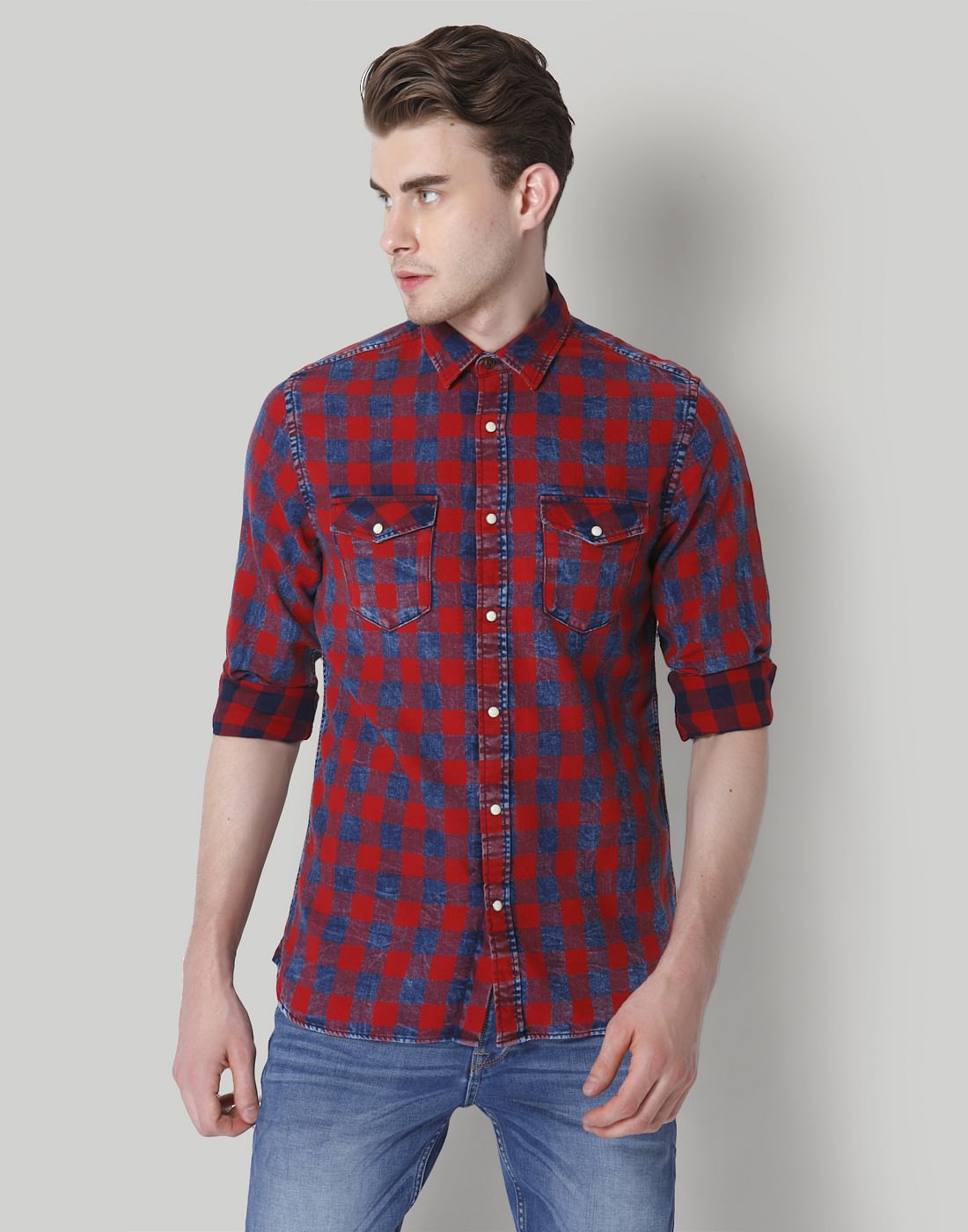 Red & Blue Check Slim Fit Shirt - S
