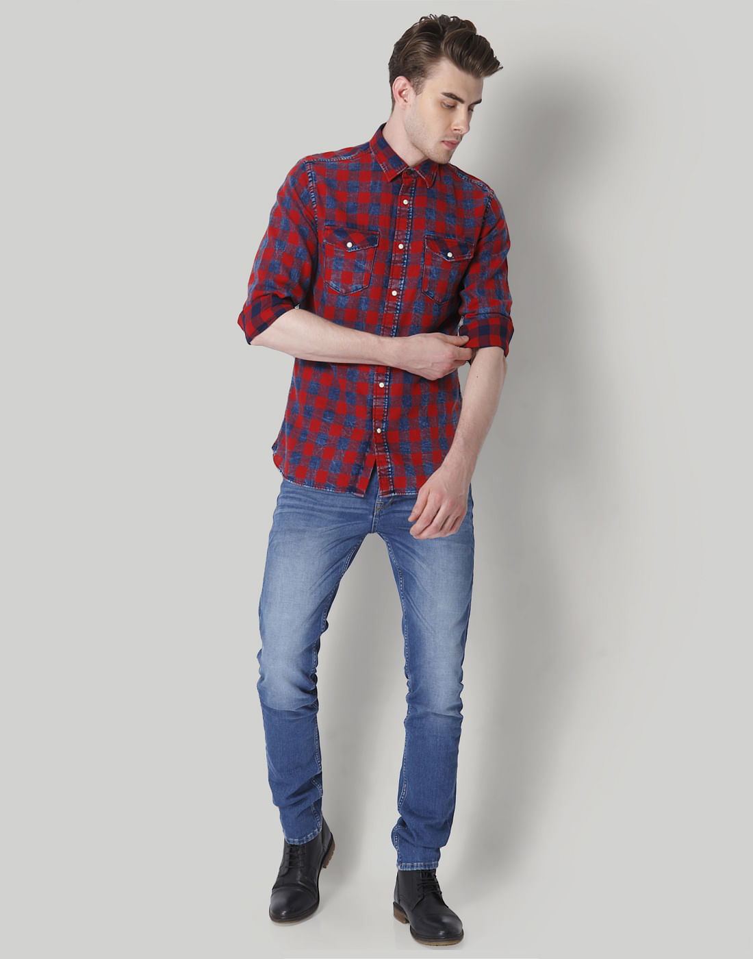 Red & Blue Check Slim Fit Shirt