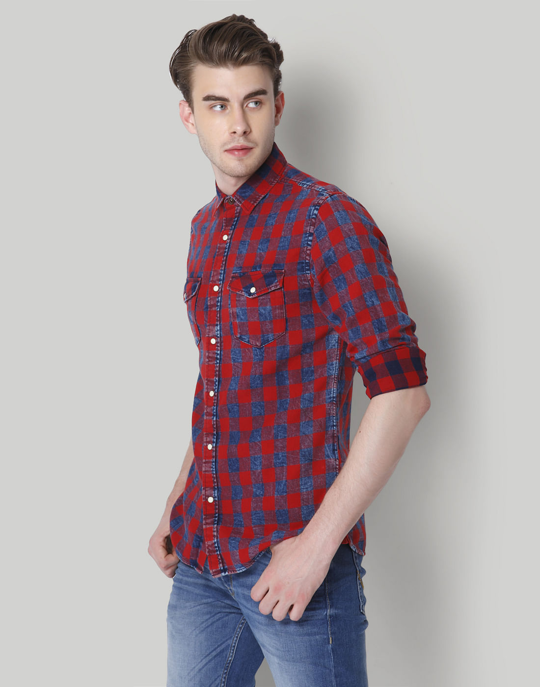 Red & Blue Check Slim Fit Shirt