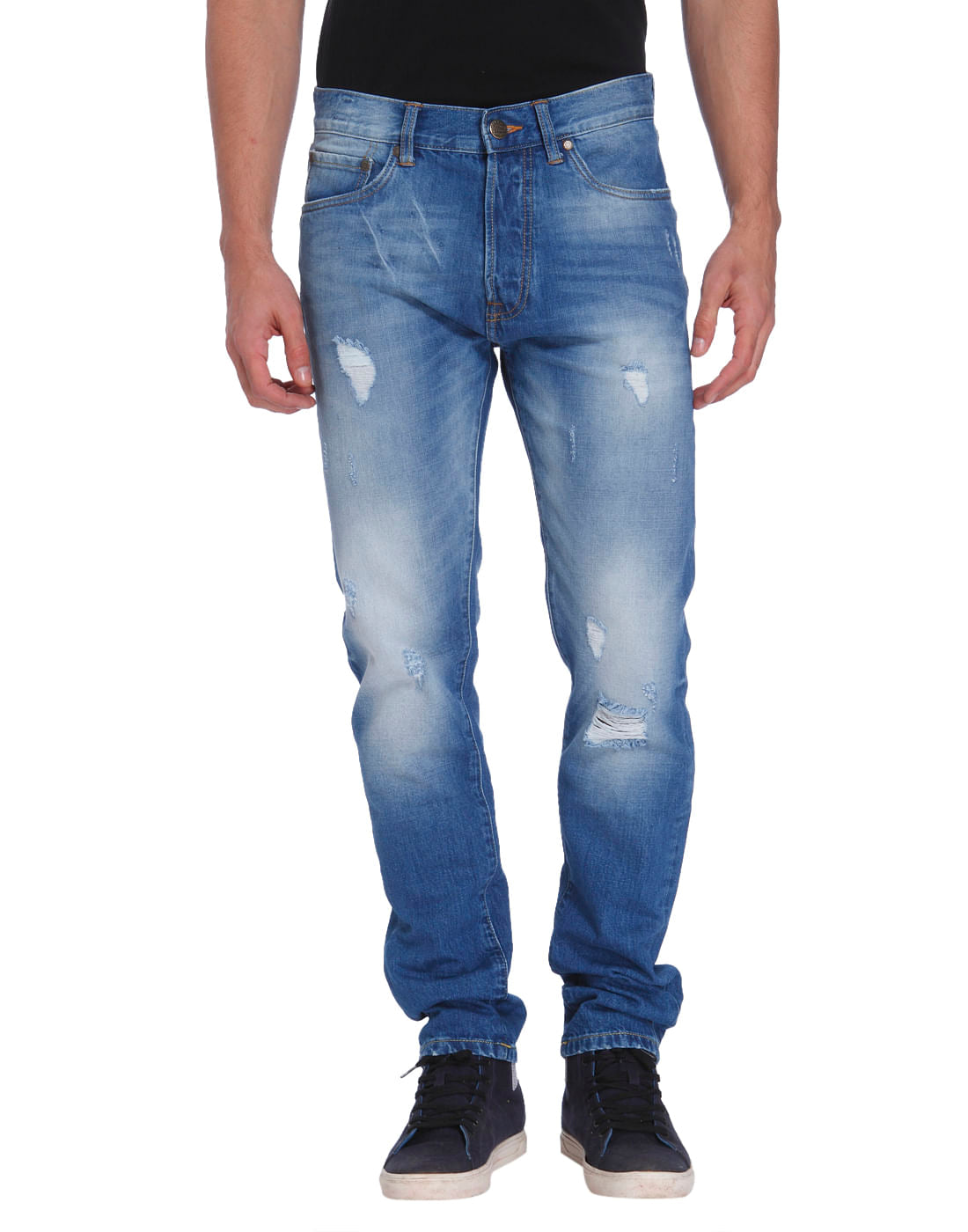 Blue Mild Distressed High Rise Regular Fit Jeans