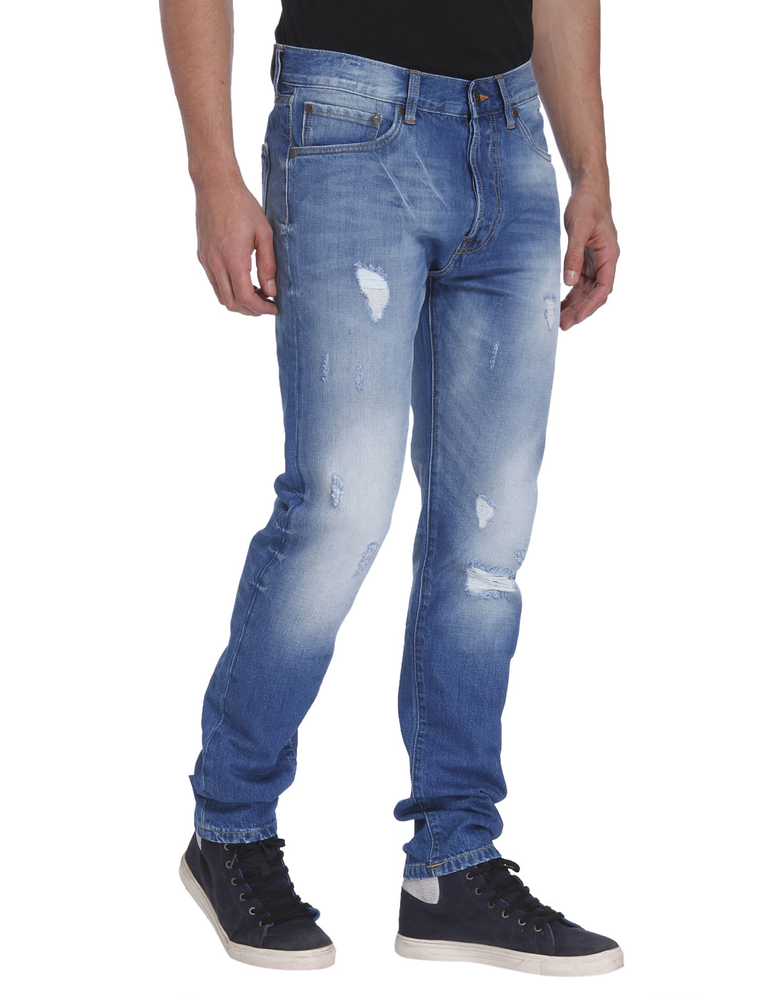 Blue Mild Distressed High Rise Regular Fit Jeans