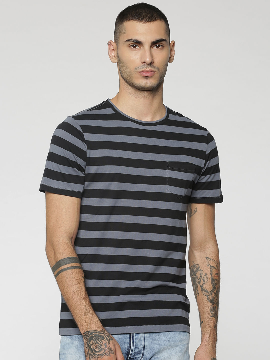 Black Striped One Pocket Crew Neck T-Shirt - S