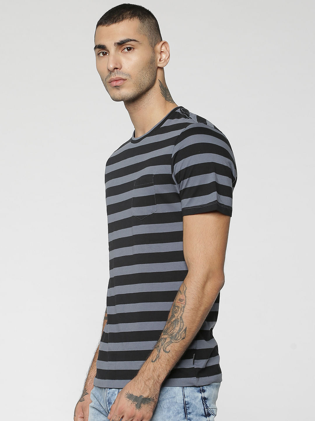 Black Striped One Pocket Crew Neck T-Shirt