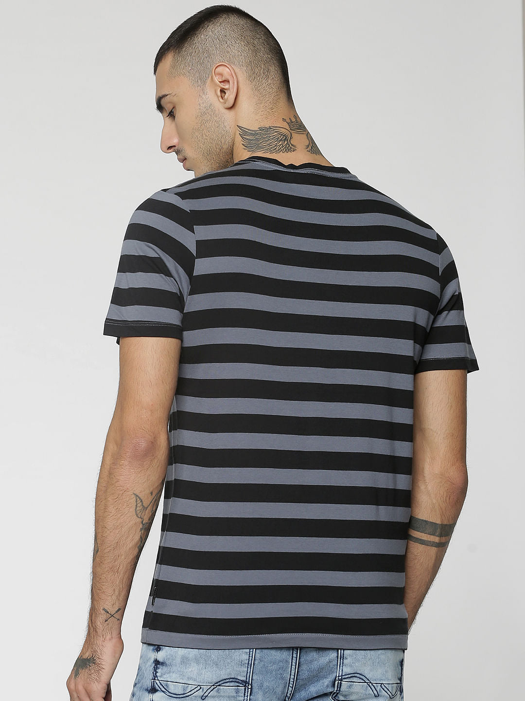 Black Striped One Pocket Crew Neck T-Shirt