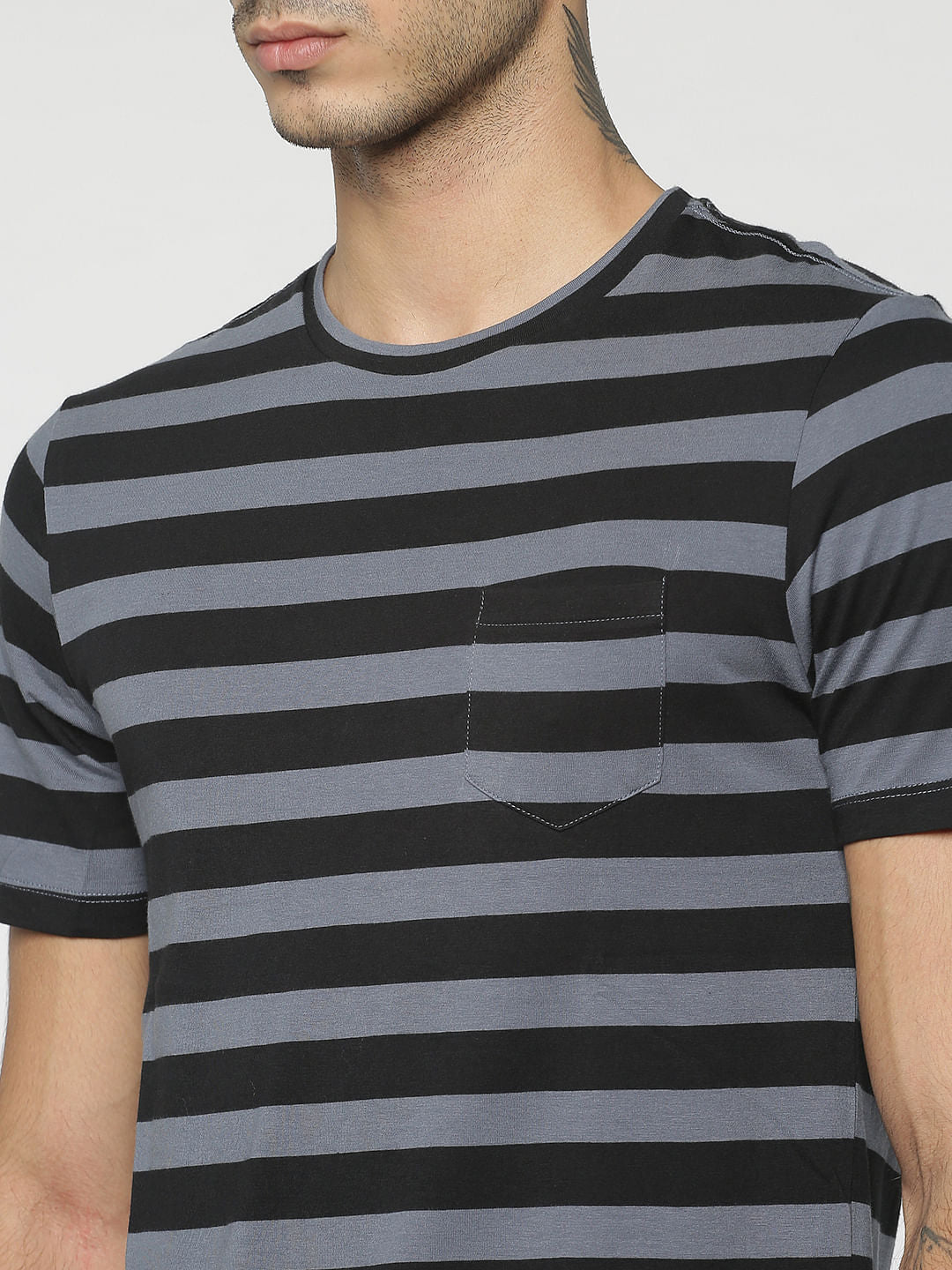 Black Striped One Pocket Crew Neck T-Shirt